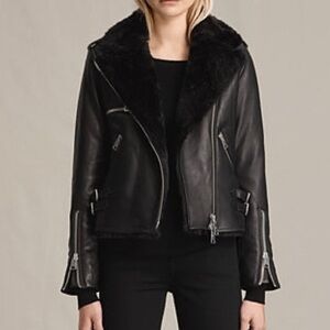 All Saints Faux Fur Lined Genuine Leather Biker Jacket